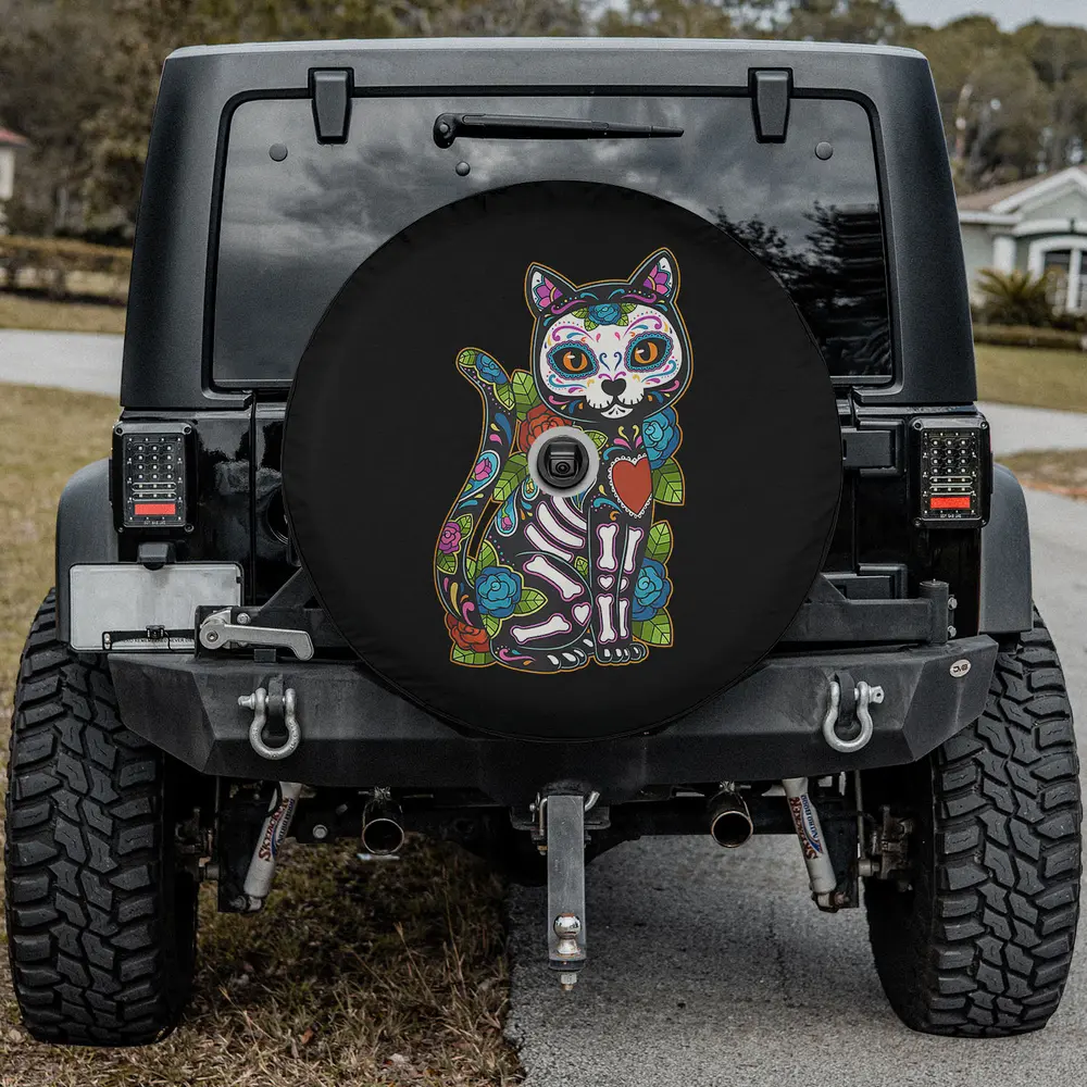 Sugar skull cat roses calavera dia de los muertos spare tire cover with camera hole