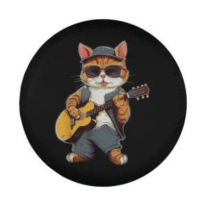 Cartoon cat in sunglasses playing guitar design for spare tire cover