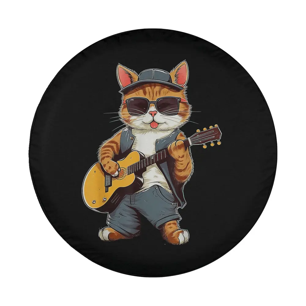 Cartoon cat in sunglasses playing guitar design for spare tire cover