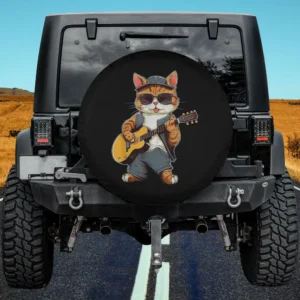Cat wearing sunglasses playing electric guitar cartoon spare tire cover no camera hole