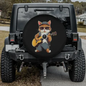 Cat sunglasses electric guitar cartoon spare tire cover with backup camera hole