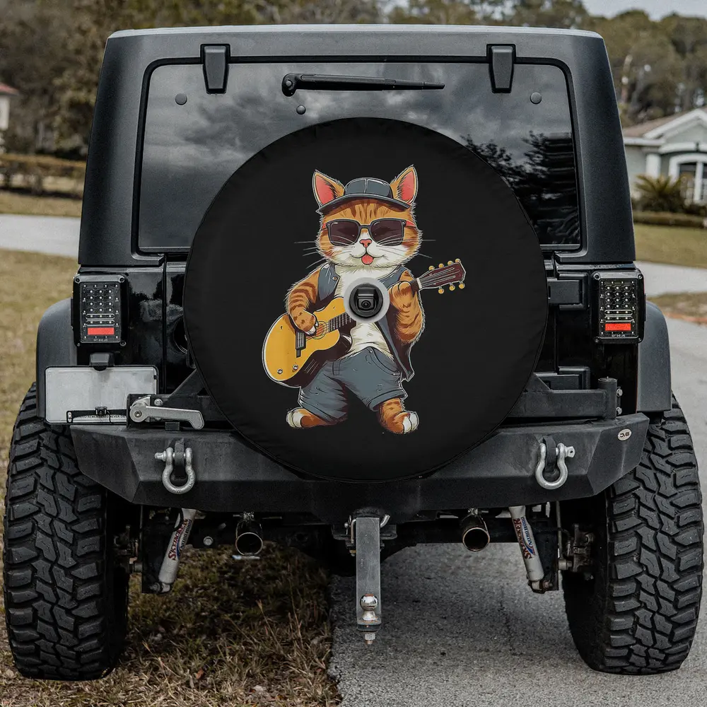 Cat sunglasses electric guitar cartoon spare tire cover with backup camera hole