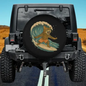 Surfing cat on retro wave beach design for Ford Bronco Sport spare tire cover, no camera hole