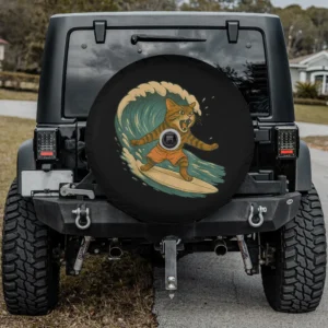 Surfing cat retro wave beach Ford Bronco Sport spare tire cover with camera hole