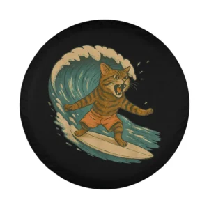 Funny retro surfing cat riding wave on beach, spare tire cover design art
