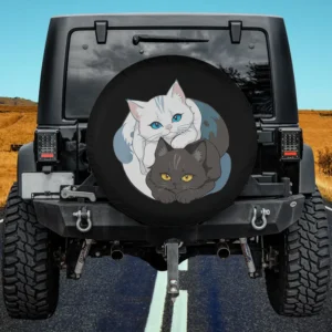 Blue eyed white cat and yellow eyed gray cat yin yang spare tire cover with no camera hole
