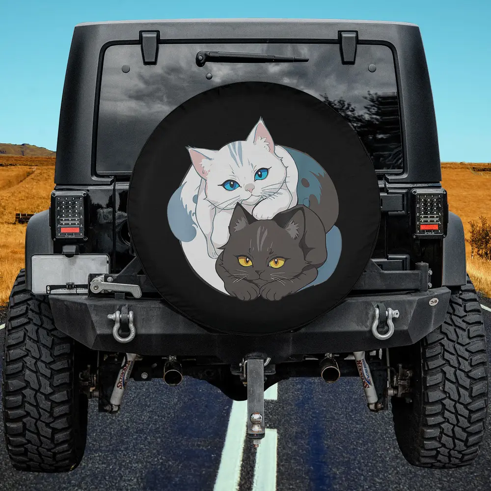 Blue eyed white cat and yellow eyed gray cat yin yang spare tire cover with no camera hole