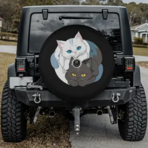 Blue eyed white cat and yellow eyed gray cat yin yang spare tire cover with camera hole