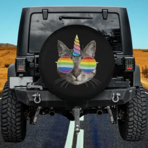 caticorn rainbow glasses cat spare tire cover with unicorn horn and rainbow sunglasses on black background