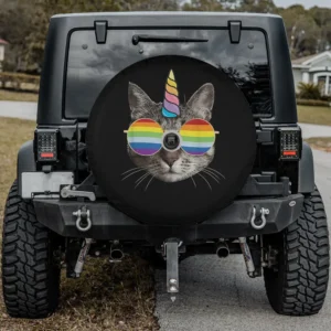 caticorn rainbow glasses cat spare tire cover for Jeep with backup camera hole, unicorn horn and rainbow sunglasses