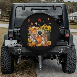 Cats pumpkins sunflowers autumn thanksgiving spare tire cover with backup camera hole