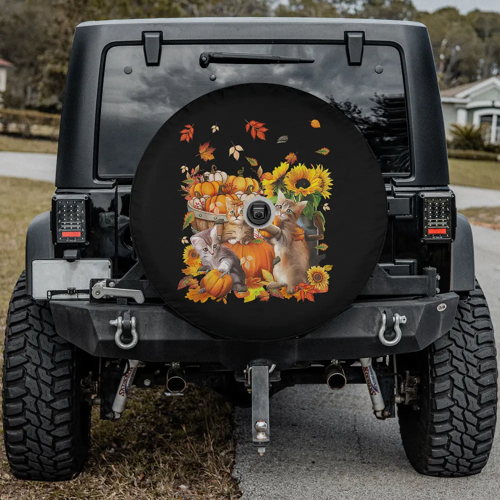 Cats pumpkins sunflowers autumn thanksgiving spare tire cover with backup camera hole
