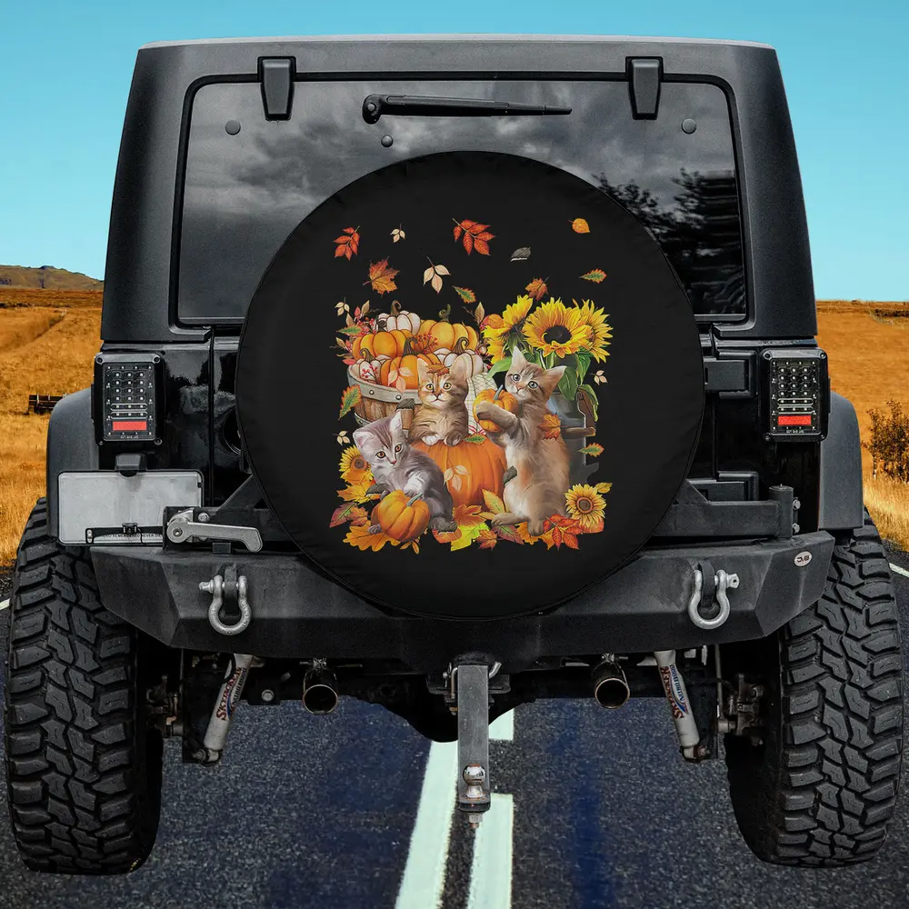 Cats with pumpkins and sunflowers on autumn thanksgiving spare tire cover no camera hole