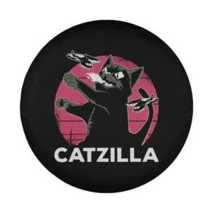 Catzilla black cat and fighter planes graphic design on spare tire cover for adventure vehicles