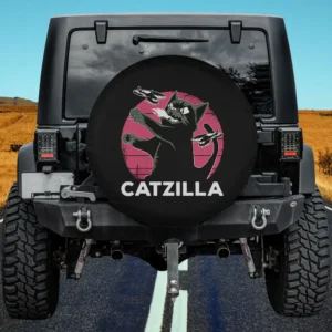 Catzilla black cat fighter planes spare tire cover with retro pink sunset for Jeep SUV RV