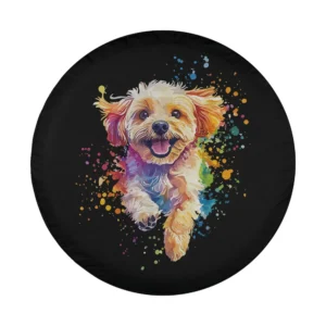 Cavapoo dog colorful splash art design for spare tire cover, vivid and playful