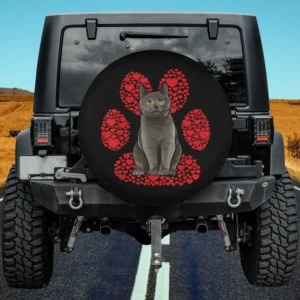 Chartreux cat with red heart paw Valentines Day spare tire cover no camera hole