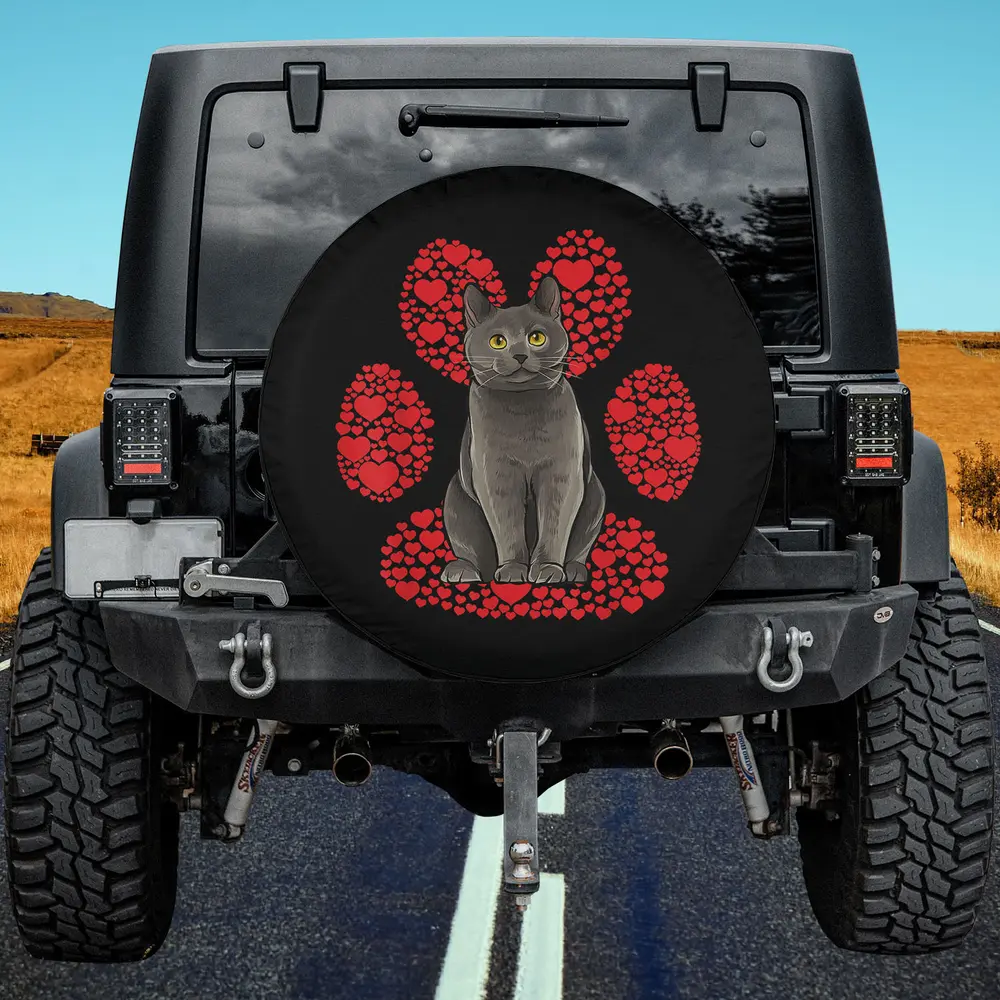 Chartreux cat with red heart paw Valentines Day spare tire cover no camera hole