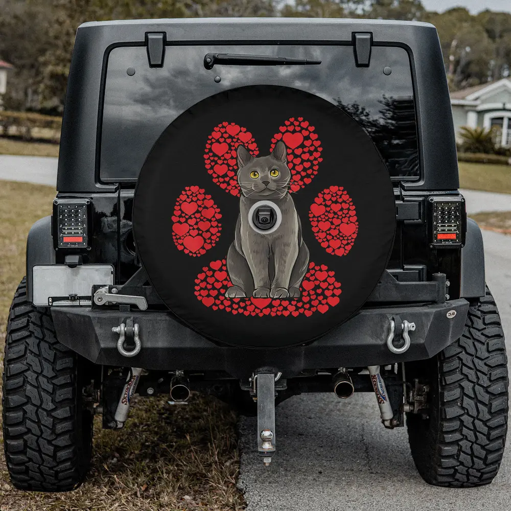 Chartreux cat red heart paw Valentines Day spare tire cover with camera hole