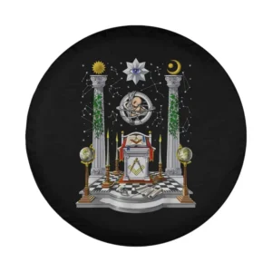 Detailed masonic lodge scene with compass, pillars, checkerboard floor on tire cover