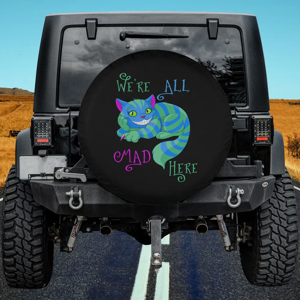 Cheshire Cat blue stripes We're All Mad Here spare tire cover without camera hole for Jeep