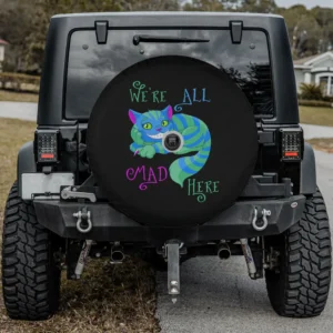 Cheshire Cat blue stripes We're All Mad Here spare tire cover with camera hole for SUV