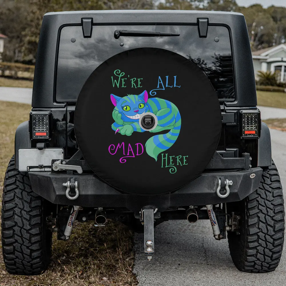 Cheshire Cat blue stripes We're All Mad Here spare tire cover with camera hole for SUV