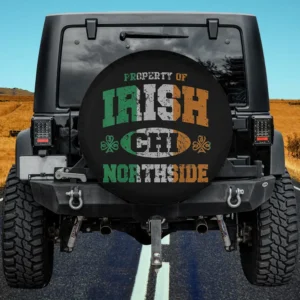 Distressed Irish flag Northside shamrock spare tire cover on Jeep with no camera hole