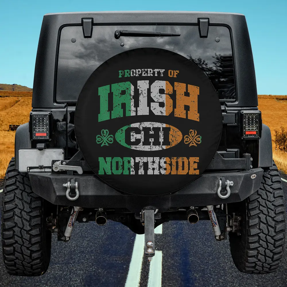 Distressed Irish flag Northside shamrock spare tire cover on Jeep with no camera hole