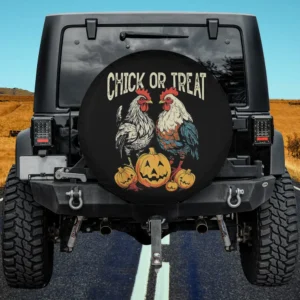 Chicken and jack-o-lantern trick or treat Halloween spare tire cover with no camera hole