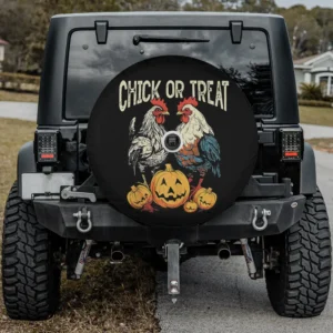 Chicken and jack-o-lantern trick or treat Halloween spare tire cover with camera hole