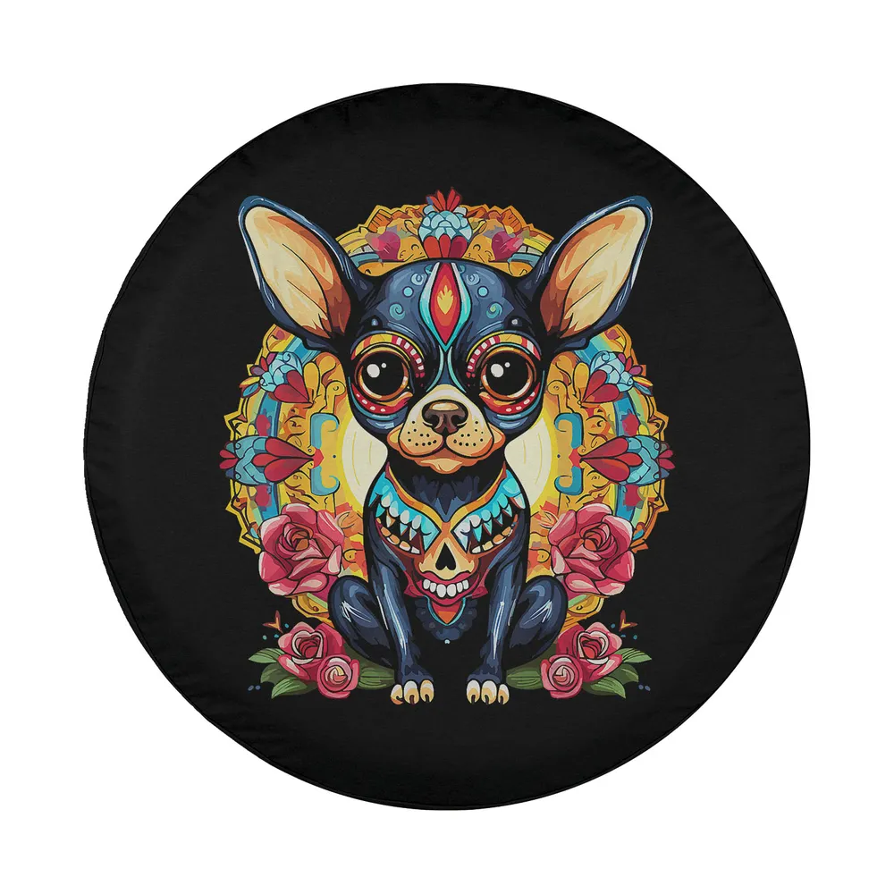 Chihuahua sugar skull roses Dia De Los Muertos dog design for spare tire cover