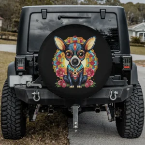 Chihuahua sugar skull roses Dia De Los Muertos dog spare tire cover with backup camera hole
