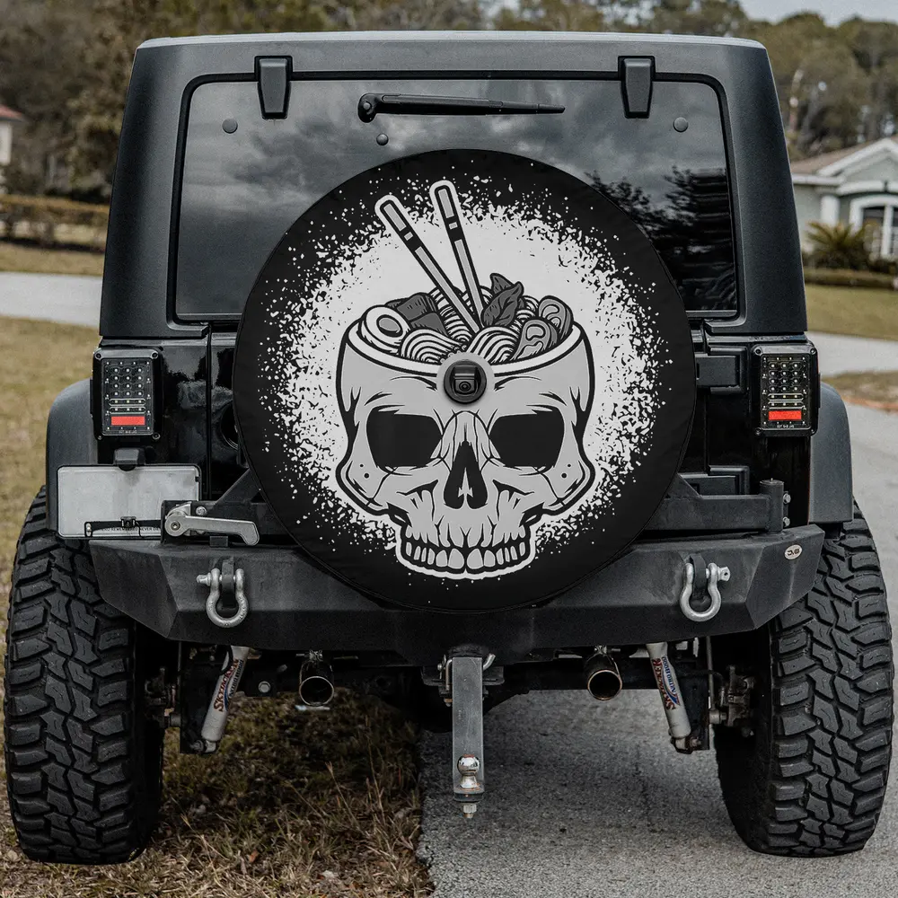 Chopsticks ramen skull bowl Halloween spare tire cover with camera hole for SUV or RV