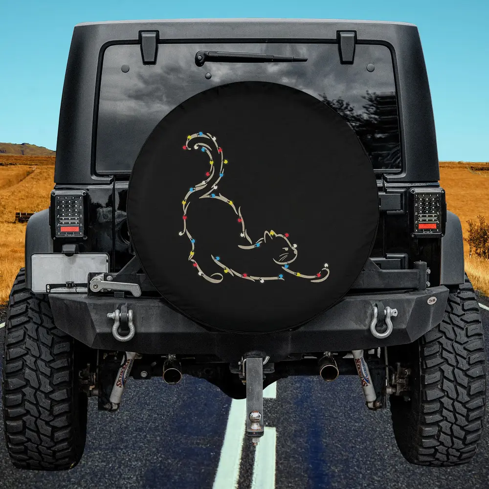 Christmas lights line art cat festive spare tire cover with no camera hole for Jeep and SUV