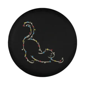 Minimalist cat outlined in Christmas lights on festive spare tire cover