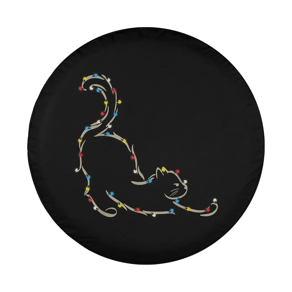 Minimalist cat outlined in Christmas lights on festive spare tire cover