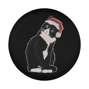 Illustrated tuxedo cat in Santa hat Christmas spare tire cover design