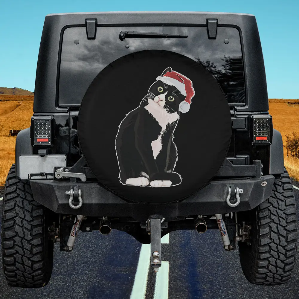 Christmas tuxedo cat with Santa hat spare tire cover for Jeep SUV RV, no camera hole