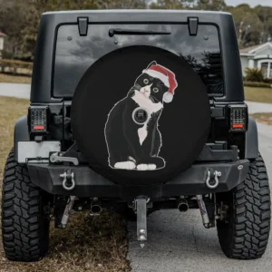 Christmas tuxedo cat with Santa hat spare tire cover for Jeep SUV RV, with camera hole