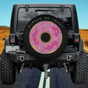 Circle of Trust text pink sprinkle donut spare tire cover with no camera hole