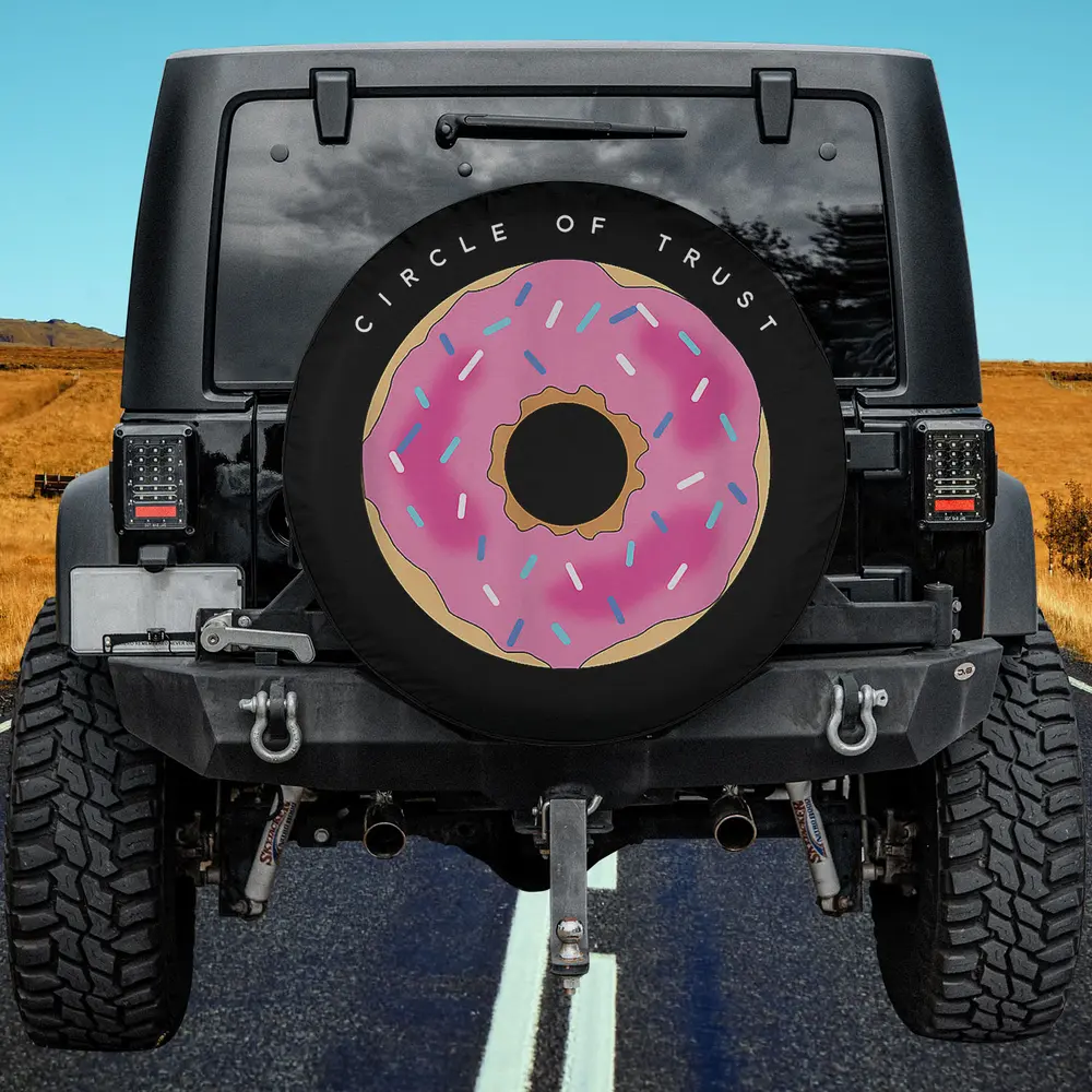 Circle of Trust text pink sprinkle donut spare tire cover with no camera hole