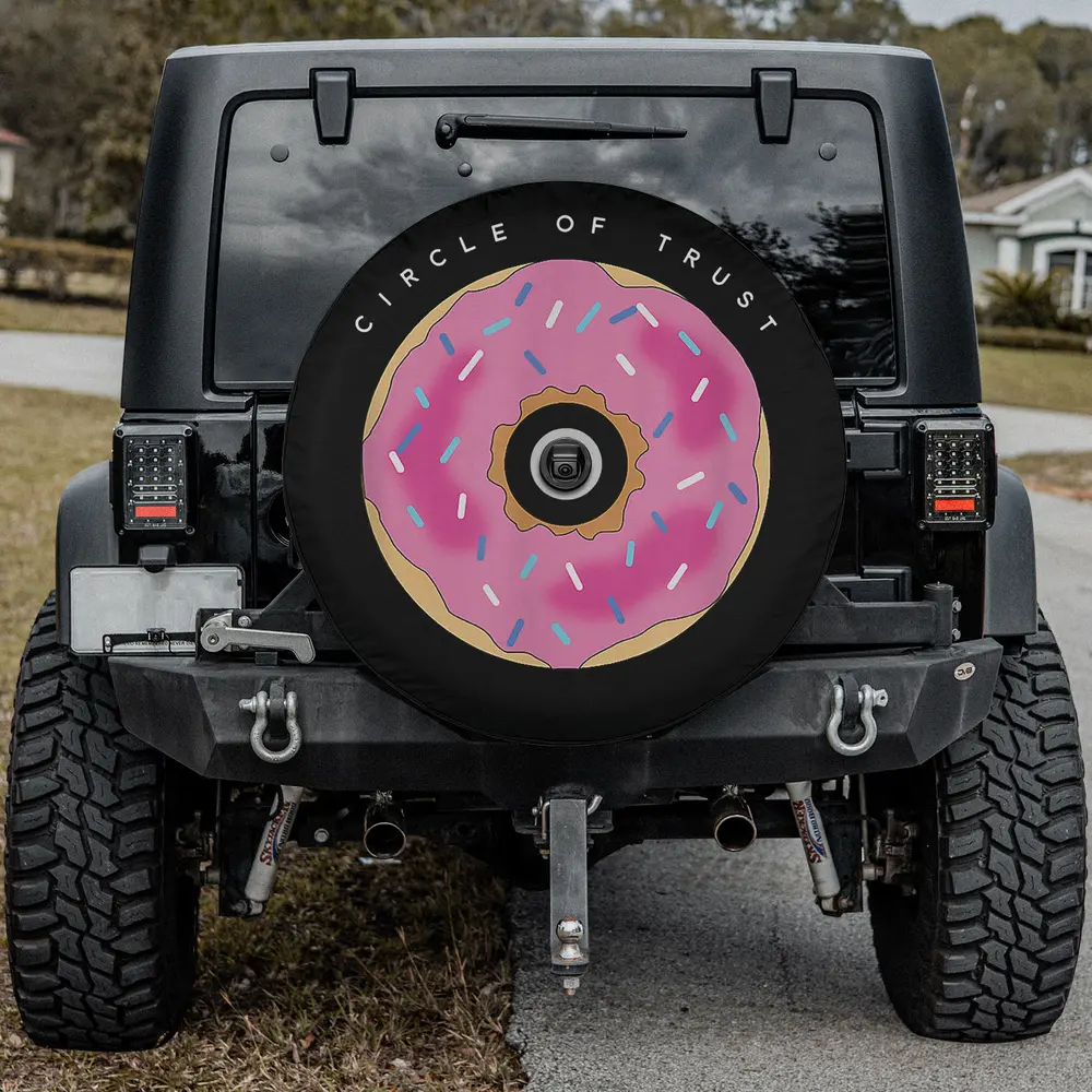 Circle of Trust text pink sprinkle donut spare tire cover with camera hole for Jeep
