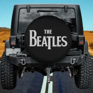 Classic black and white Beatles logo Land Rover Defender spare tire cover without camera hole