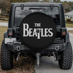 Classic black and white Beatles logo Land Rover Defender spare tire cover with camera hole