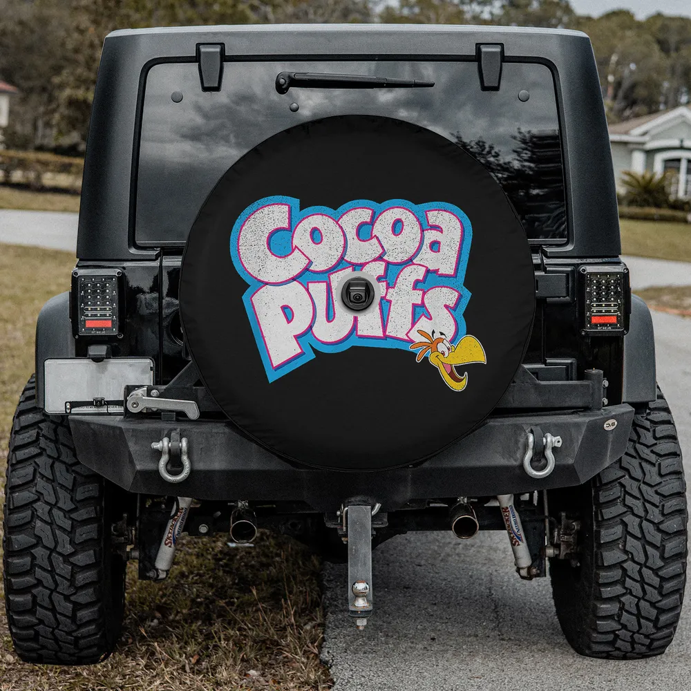 Distressed Cocoa Puffs logo Sonny the Cuckoo Bird spare tire cover with backup camera hole