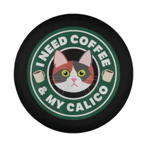 Cartoon calico cat and coffee cups green badge tire cover design only
