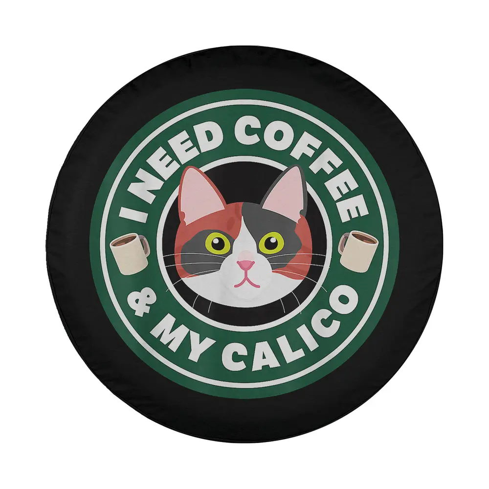 Cartoon calico cat and coffee cups green badge tire cover design only