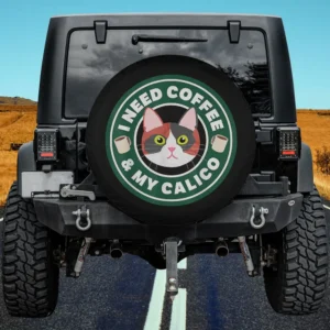 Coffee cups calico cat cartoon spare tire cover with green badge for Jeep SUV RV