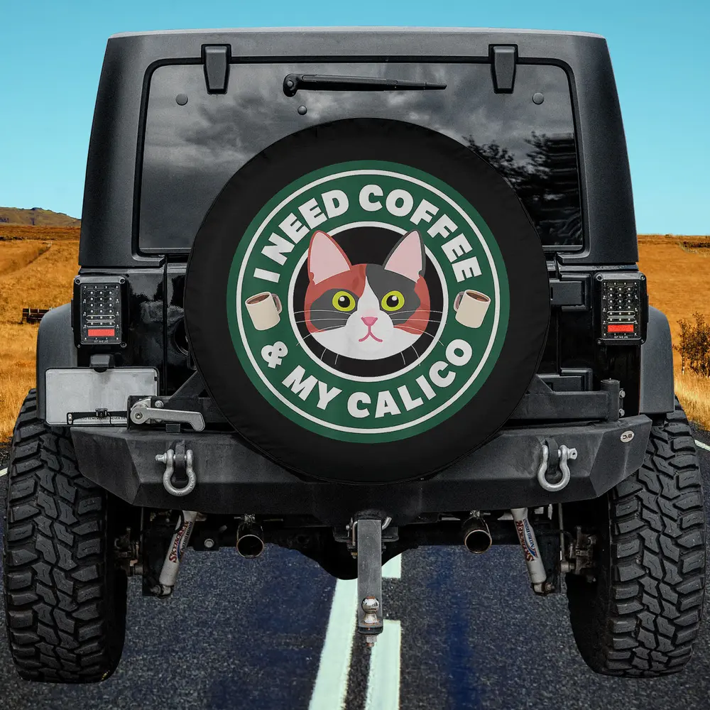 Coffee cups calico cat cartoon spare tire cover with green badge for Jeep SUV RV